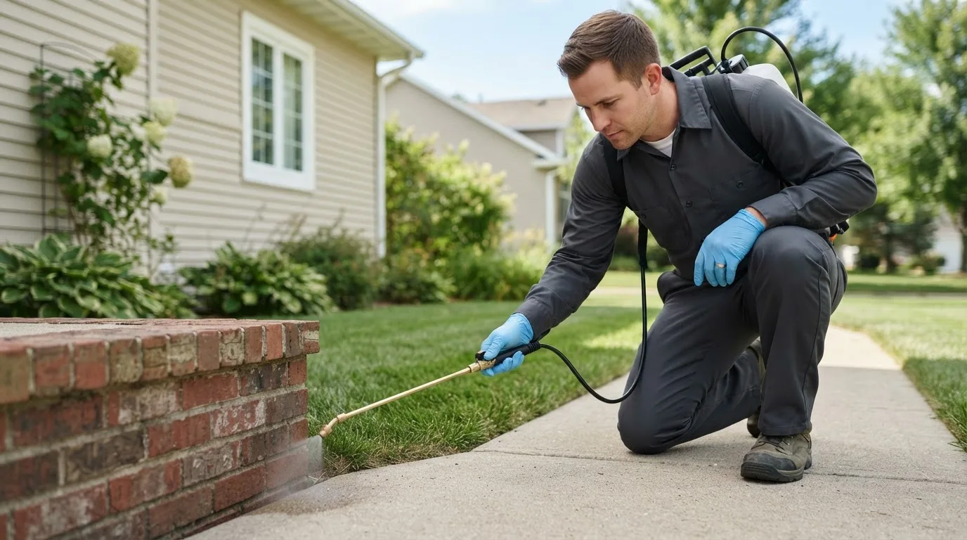 Pest control technician treating a home near Clintonville, PA
