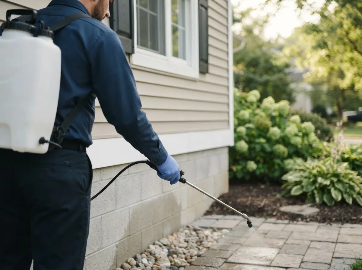 Pest control technician inspecting a home in Clintonville, PA